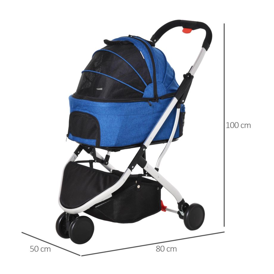 PawHut 2 In 1 Foldable Dog Stroller, Aluminium Pet Travel Carrier, with Adjustable Canopy, Universal Wheel, Brake, Basket Storage Bag, for Small Dogs Dark Blue