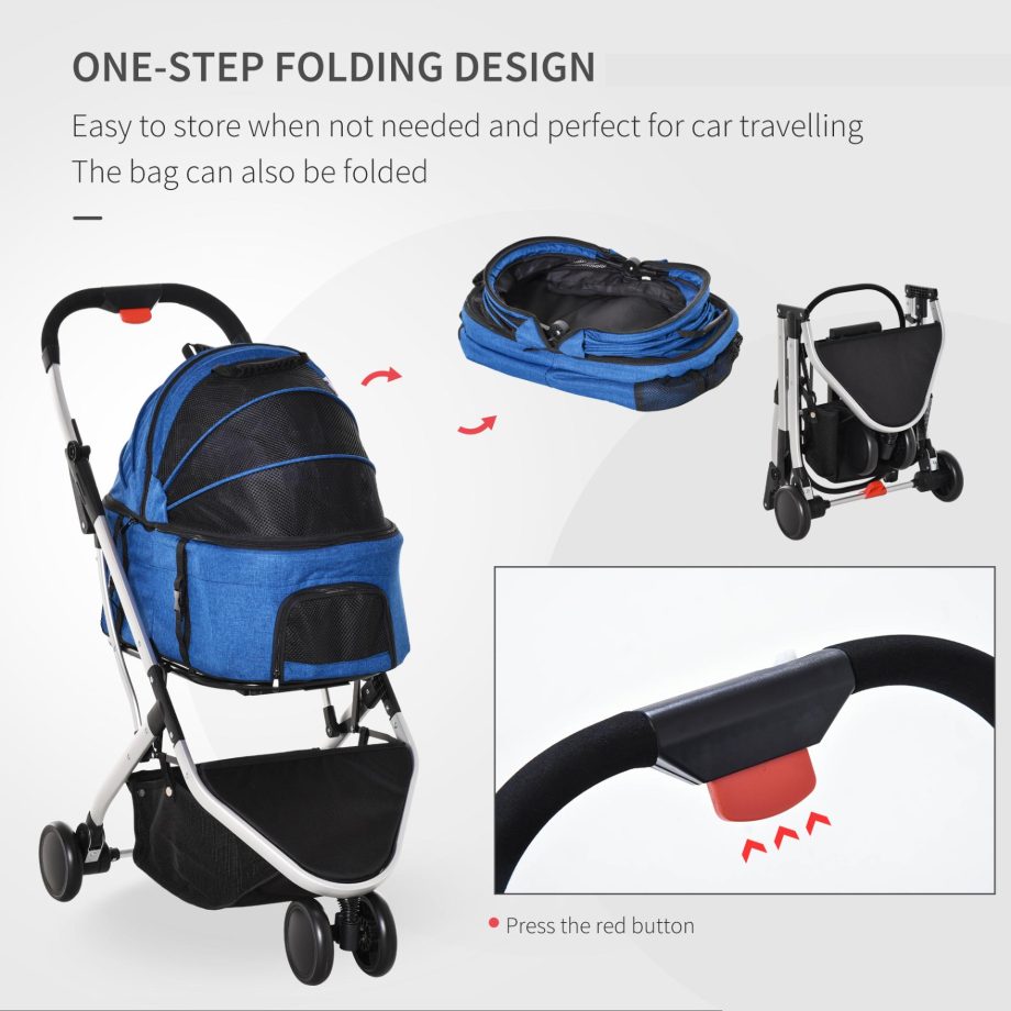 PawHut 2 In 1 Foldable Dog Stroller, Aluminium Pet Travel Carrier, with Adjustable Canopy, Universal Wheel, Brake, Basket Storage Bag, for Small Dogs Dark Blue