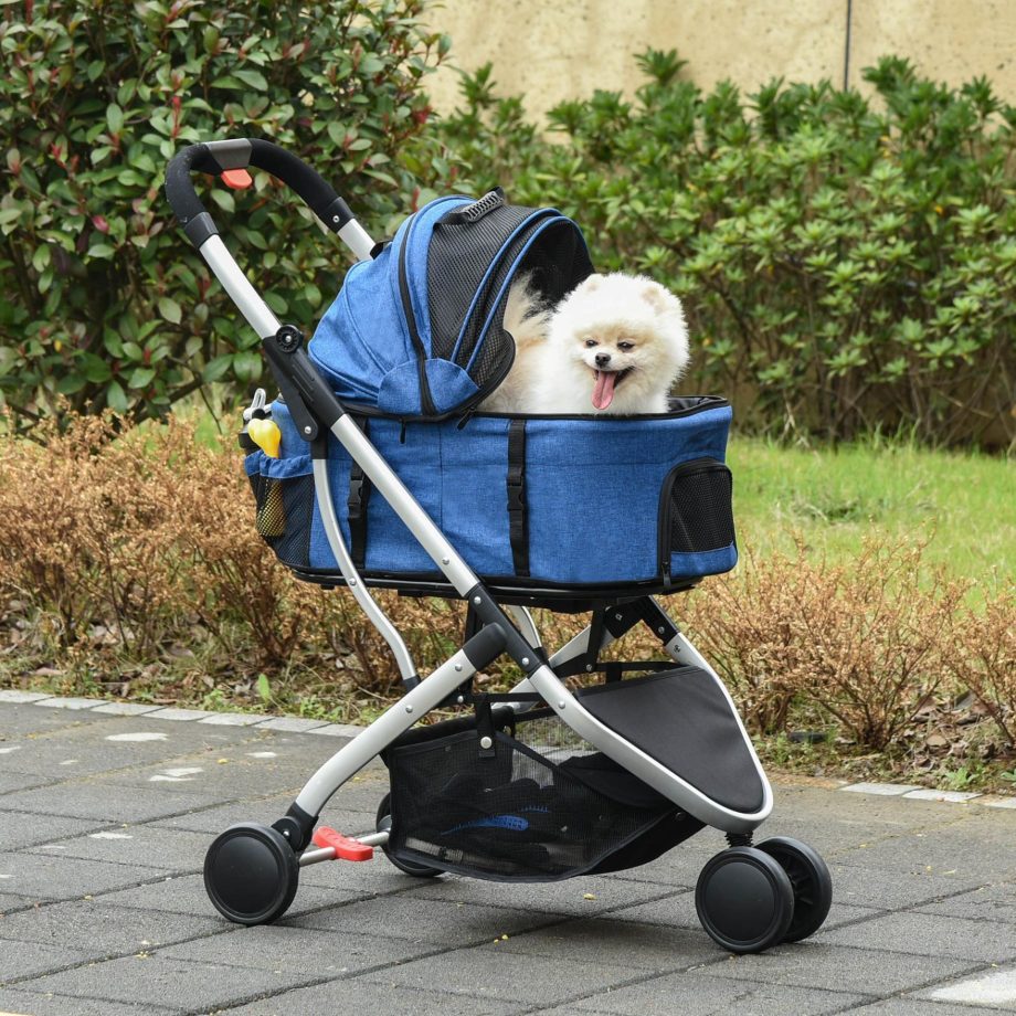 PawHut 2 In 1 Foldable Dog Stroller, Aluminium Pet Travel Carrier, with Adjustable Canopy, Universal Wheel, Brake, Basket Storage Bag, for Small Dogs Dark Blue