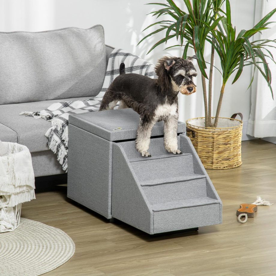 PawHut 2 in 1 Dog Steps Ottoman, 4 Tiers Pet Stairs for Small Medium Dogs and Cats, Pet Ladder w/ Storage Basket, Soft Washable Cushion, for High Bed, Sofa - Light Grey