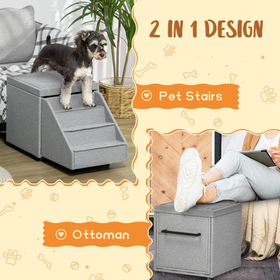 PawHut 2 in 1 Dog Steps Ottoman, 4 Tiers Pet Stairs for Small Medium Dogs and Cats, Pet Ladder w/ Storage Basket, Soft Washable Cushion, for High Bed, Sofa - Light Grey