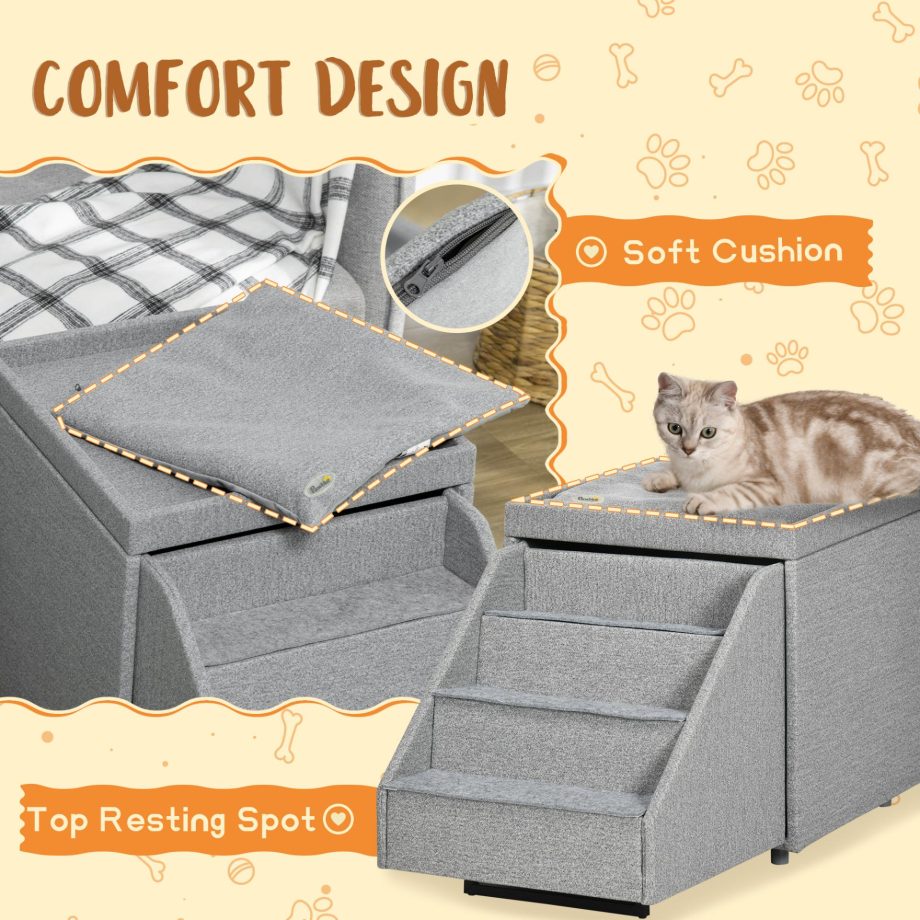 PawHut 2 in 1 Dog Steps Ottoman, 4 Tiers Pet Stairs for Small Medium Dogs and Cats, Pet Ladder w/ Storage Basket, Soft Washable Cushion, for High Bed, Sofa - Light Grey