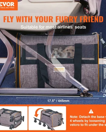VEVOR Cat Carrier with Wheels, Airline Approved Rolling Pet Carrier with Telescopic Handle and Shoulder Strap, Dog Carrier with Wheels for Pets under 22 lbs, with 1 Folding Bowl, Grey