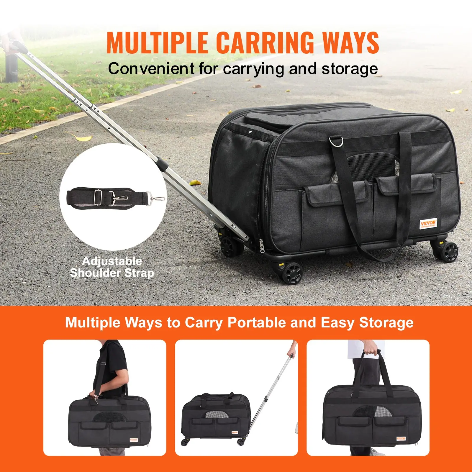 VEVOR Cat Carrier with Wheels, Rolling Pet Carrier with Telescopic Handle and Shoulder Strap, Dog Carrier with Wheels for Pets under 35 lbs, with 1 Folding Bowl, Black