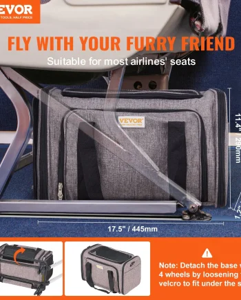 VEVOR Cat Carrier with Wheels, Airline Approved Rolling Pet Carrier with Telescopic Handle and Shoulder Strap, Dog Carrier with Wheels for Pets under 25 lbs, with 1 Folding Bowl, Grey