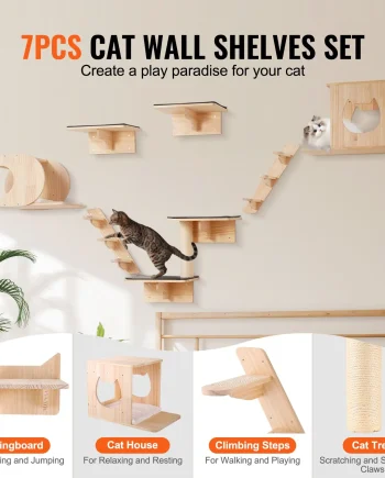 VEVOR Wall Mounted Cat Shelves, Cat Wall Shelves and Perches with Jumping Boards, Cat Beds, Hammocks & Cat Tree, Cat Furniture and Shelves up to 40 lbs for Sleeping, Playing, Climbing, Set of 7