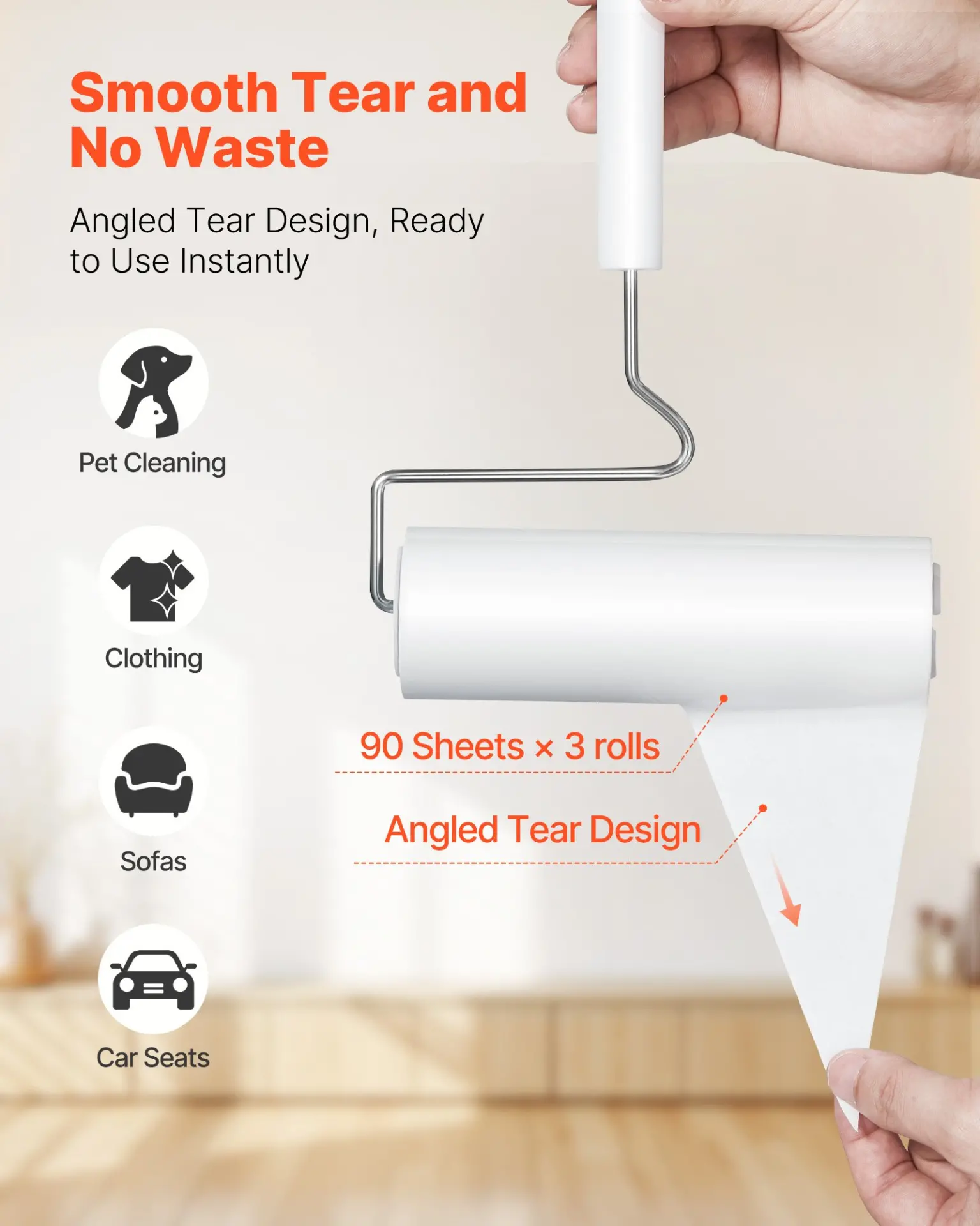 VEVOR Sticky Lint Roller, 3 Pack Large Pet Hair Rollers Remover Set, 270 Sheets Extra Sticky Lint Roller with Upgraded Handle, Portable Cat and Dog Hair Remover for Carpet, Couch, Clothing and Bedding