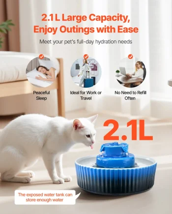 VEVOR Ceramic Cat Water Fountain, 2.1L/71oz Cupcake Pet Fountain, Porcelain Cat Water Dispenser with Ultra-Quiet Pump, 360 Drinking Area and Multi-Layer Filtration System, for Cats and Dogs (Blue)