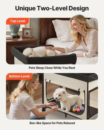 VEVOR Elevated Lounge Pet Bed, Foldable Bunk Dog Bed with 600D Oxford Cloth and Dutch Velvet, Portable Raised Cot with Wheels, Side Storage Bags, and Carry Bag for Cats & Dogs, XL, Beige
