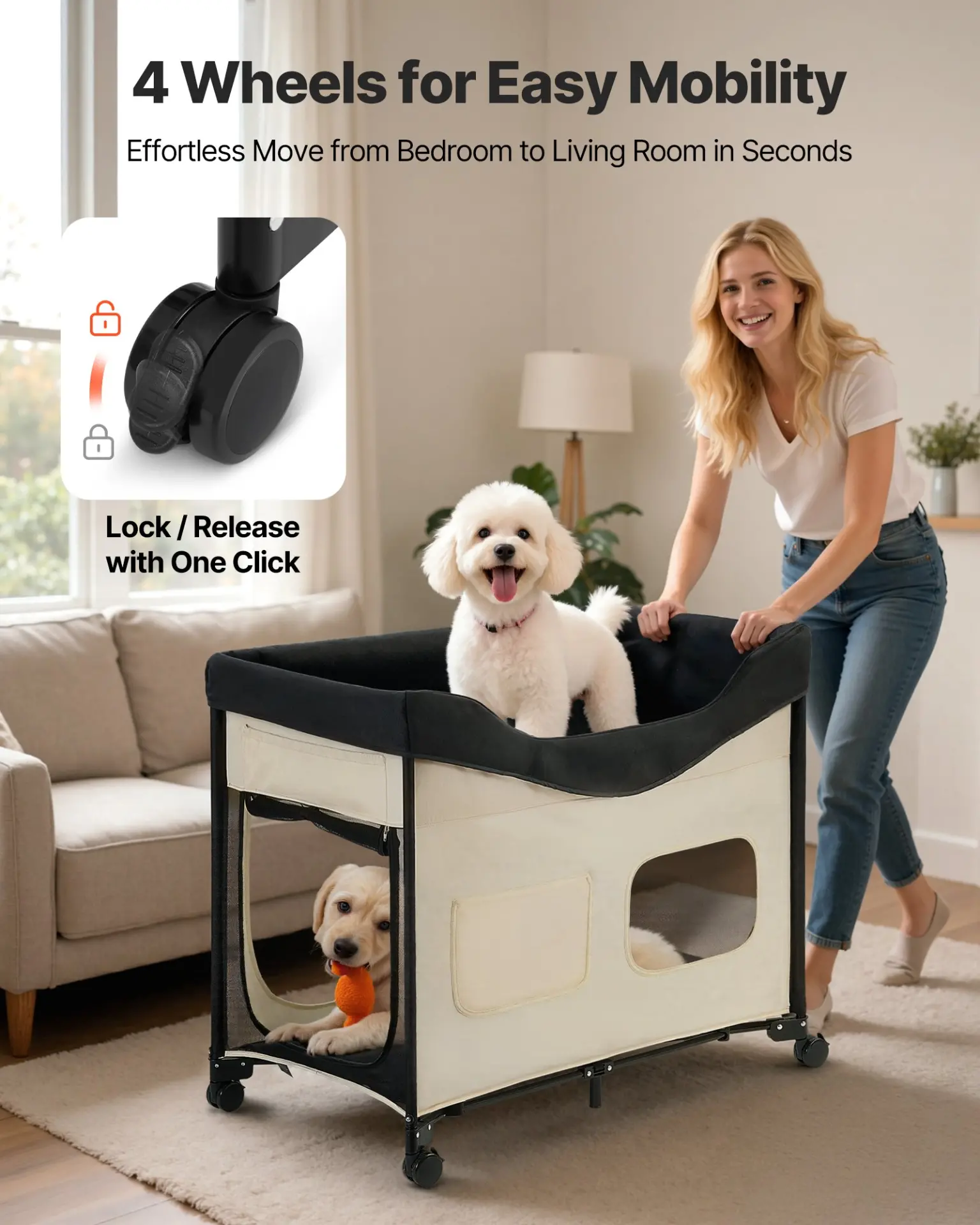 VEVOR Elevated Lounge Pet Bed, Foldable Bunk Dog Bed with 600D Oxford Cloth and Dutch Velvet, Portable Raised Cot with Wheels, Side Storage Bags, and Carry Bag for Cats & Dogs, XL, Beige