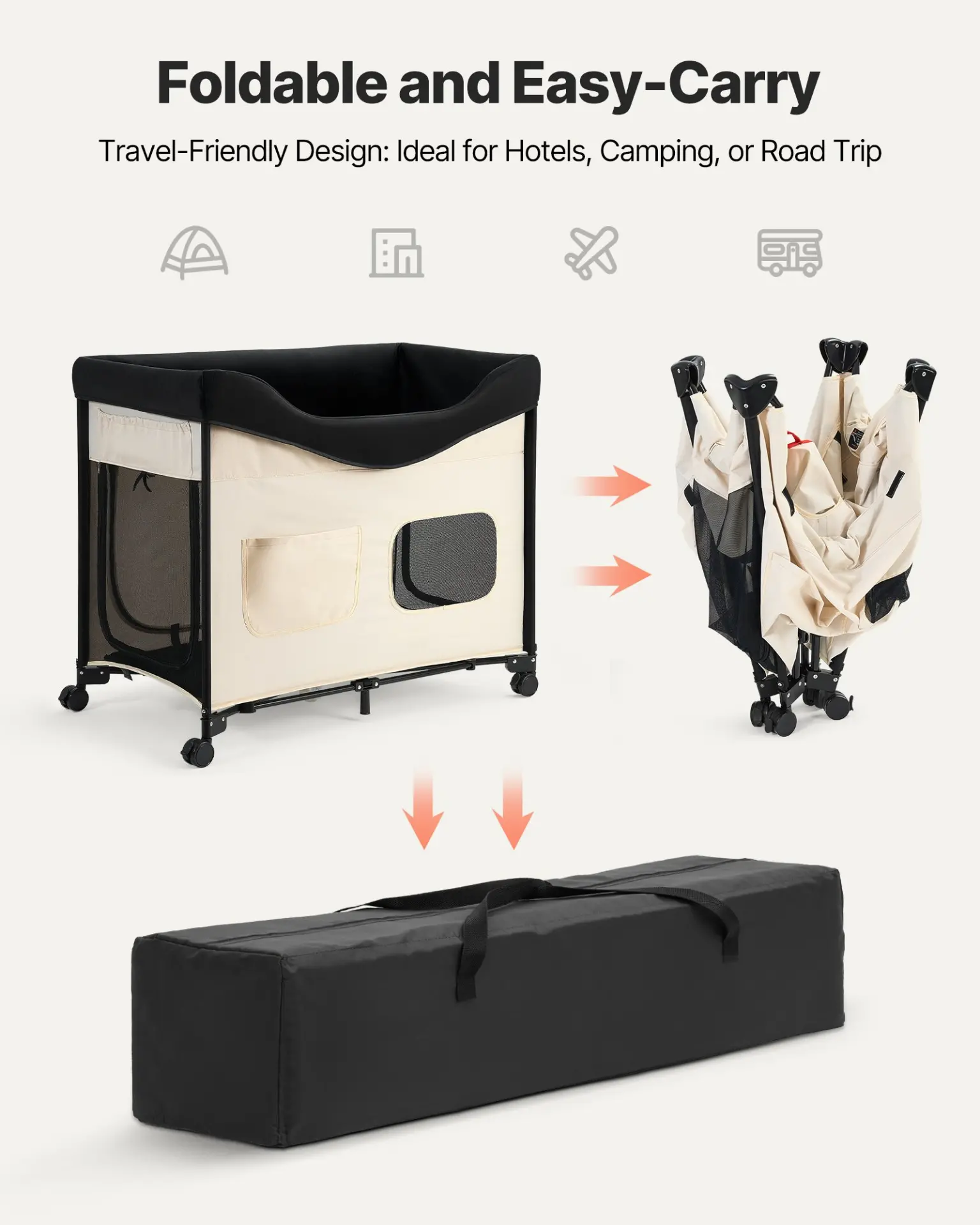 VEVOR Elevated Lounge Pet Bed, Foldable Bunk Dog Bed with 600D Oxford Cloth and Dutch Velvet, Portable Raised Cot with Wheels, Side Storage Bags, and Carry Bag for Cats & Dogs, XL, Beige