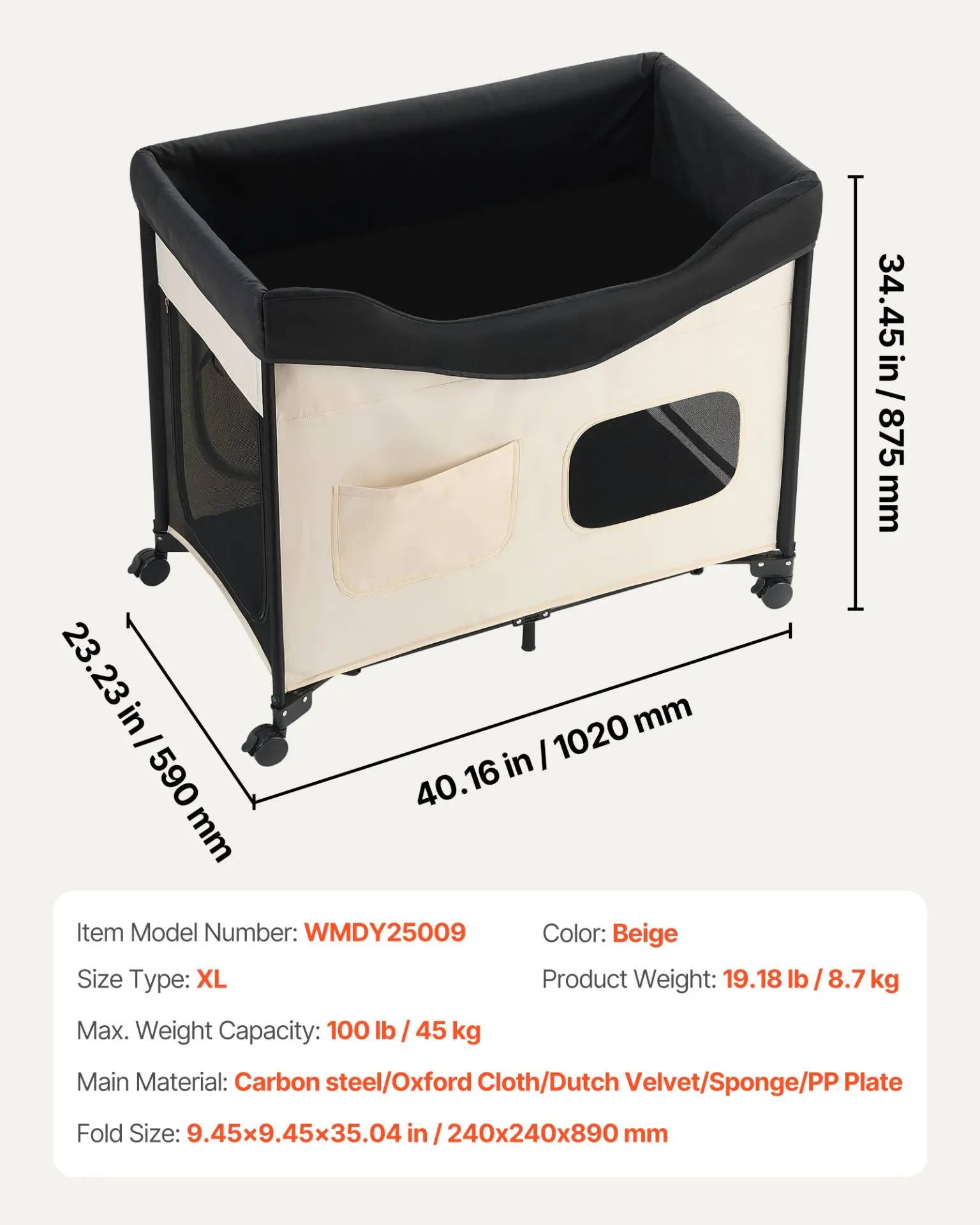 VEVOR Elevated Lounge Pet Bed, Foldable Bunk Dog Bed with 600D Oxford Cloth and Dutch Velvet, Portable Raised Cot with Wheels, Side Storage Bags, and Carry Bag for Cats & Dogs, XL, Beige