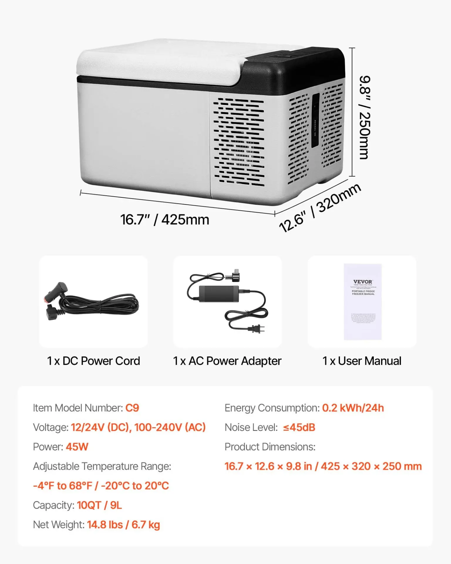 VEVOR 12 Volt Refrigerator 10 Qt, Portable Mini Freezer (-4~68) with APP Control Car Compressor Fridge Cooler 12V/24V DC and 110-220V AC For Camping, Road Trip, Travel, Outdoor and Home