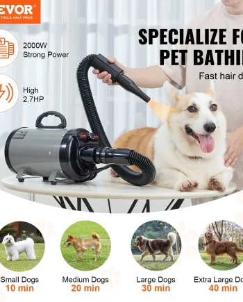 VEVOR Dog Dryer, 2000W/2.7HP Dog Blow Dryer, Pet Grooming Dryer with Adjustable Speed and Temperature Control, Pet Hair Dryer with 4 Nozzles and Extendable Hose, Grey and Black