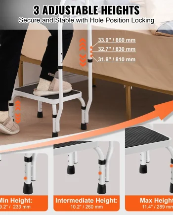 VEVOR Step Stool 1-Step 330lbs Capacity, 3 Adjustable Height with Handle Steel Step Ladder, Portable Toddler Step Stools for Adults, Non-Slip Sturdy Step Ladders for Office, RVs, Pets