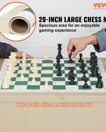 VEVOR Tournament Chess Set, 20 Inch Roll-Up Beginner Chess Board, Foldable Silicone Chess Game with Plastic Weighted Chess Pieces & Storage Bag, Portable Travel Chess Board Gift for Adult Kid Family