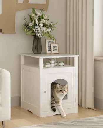 Modern Cat Litter Box Enclosure Furniture White Wooden Hidden Cat House Cabinet with Storage Shelf & Side Hook, Indoor Cat Condo Side Table