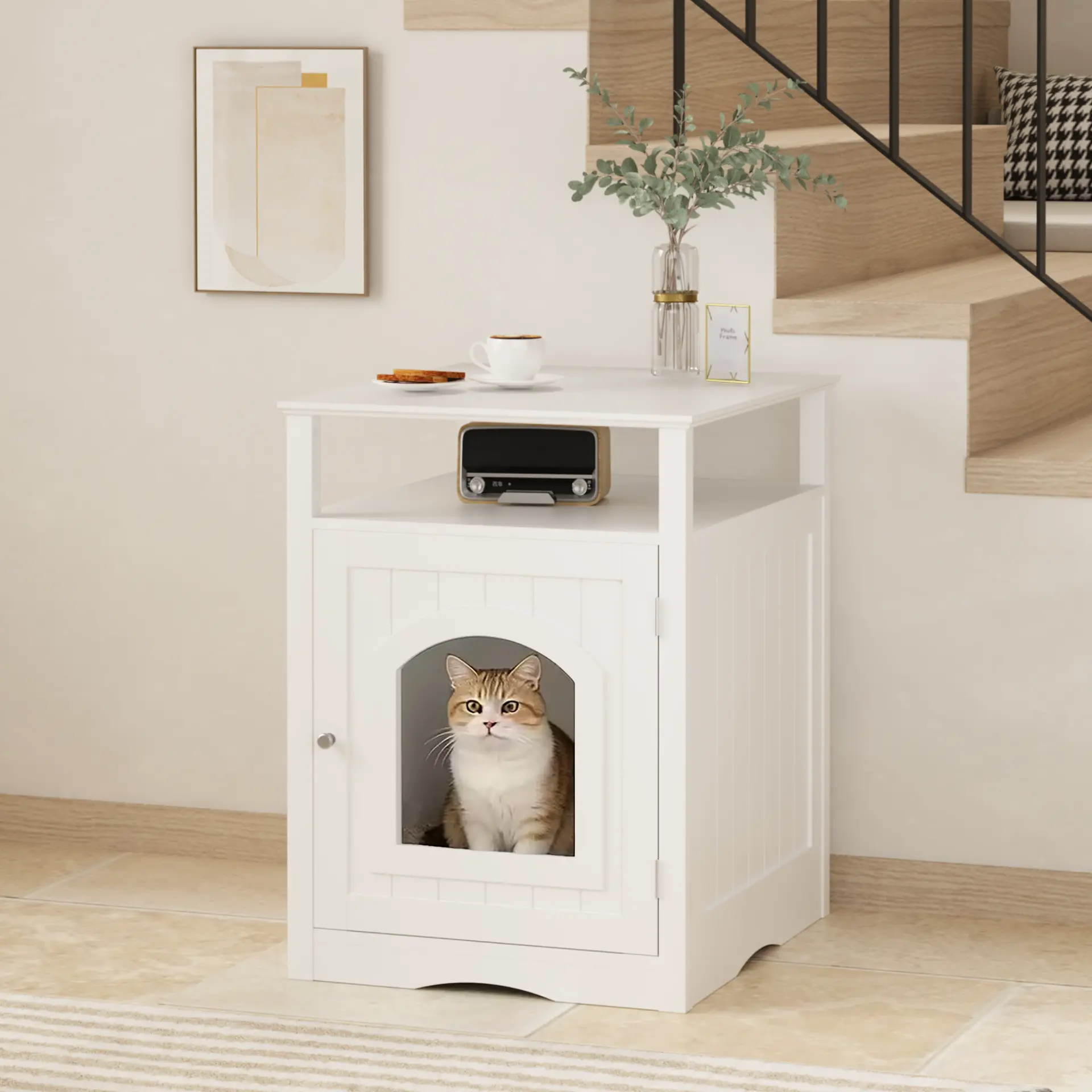 Modern Cat Litter Box Enclosure Furniture White Wooden Hidden Cat House Cabinet with Storage Shelf & Side Hook, Indoor Cat Condo Side Table