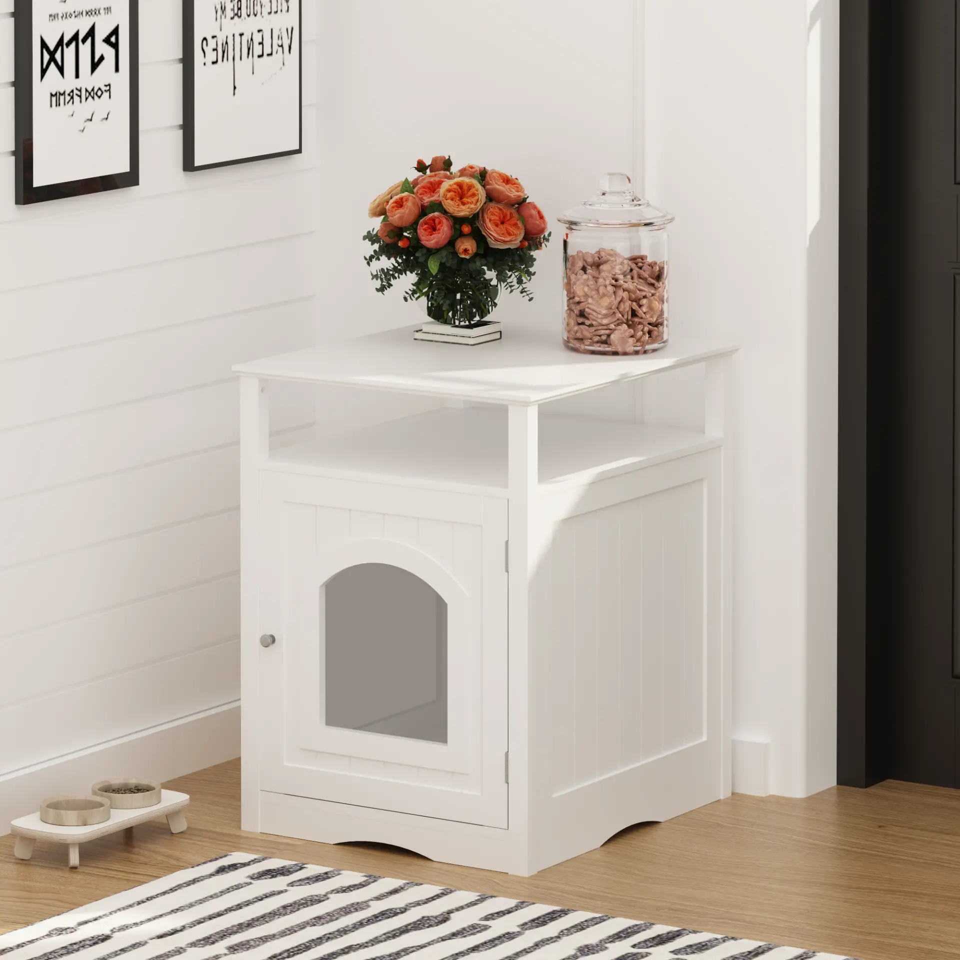 Modern Cat Litter Box Enclosure Furniture White Wooden Hidden Cat House Cabinet with Storage Shelf & Side Hook, Indoor Cat Condo Side Table