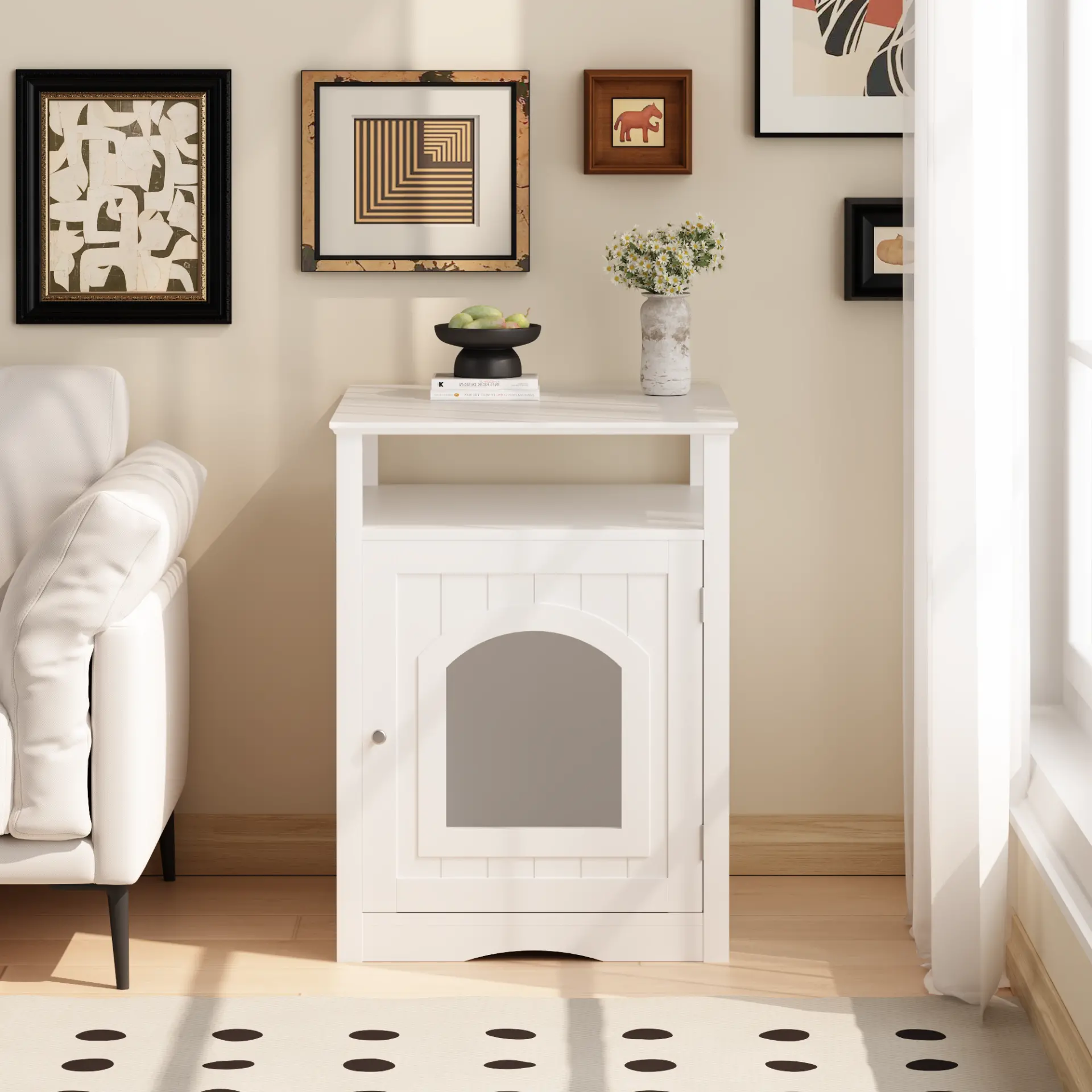 Modern Cat Litter Box Enclosure Furniture White Wooden Hidden Cat House Cabinet with Storage Shelf & Side Hook, Indoor Cat Condo Side Table