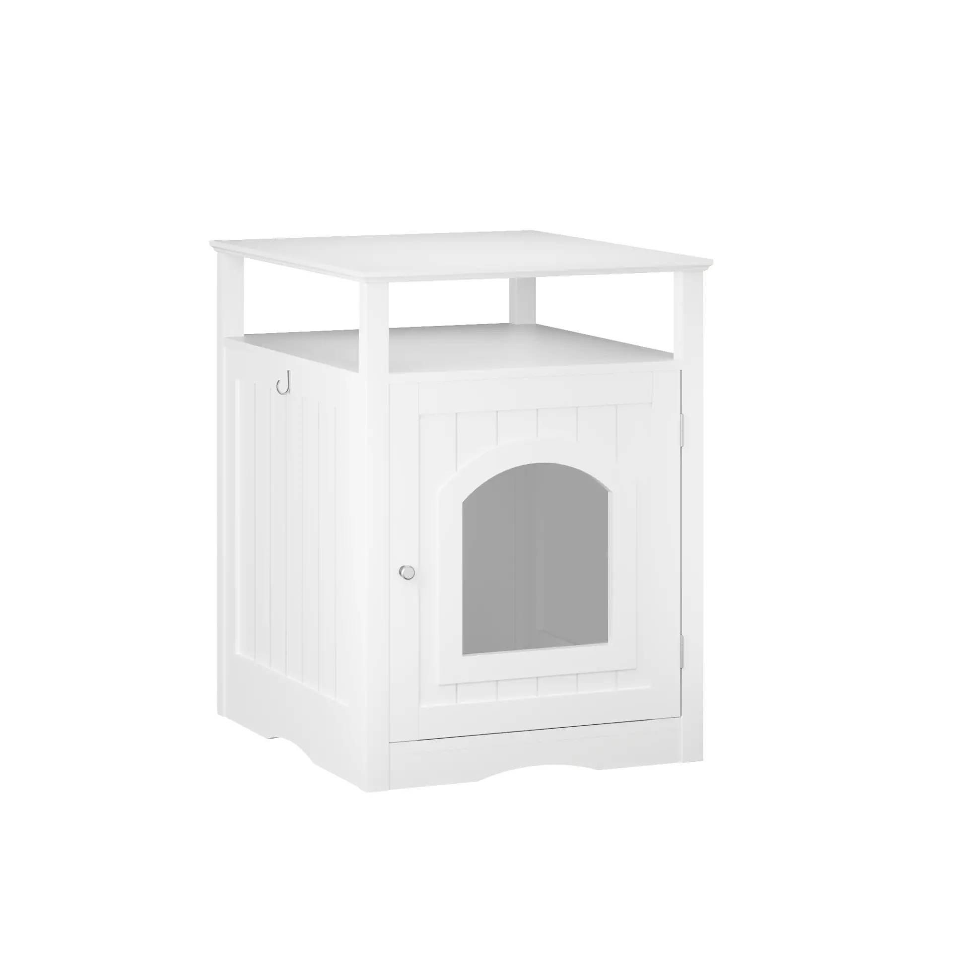 Modern Cat Litter Box Enclosure Furniture White Wooden Hidden Cat House Cabinet with Storage Shelf & Side Hook, Indoor Cat Condo Side Table
