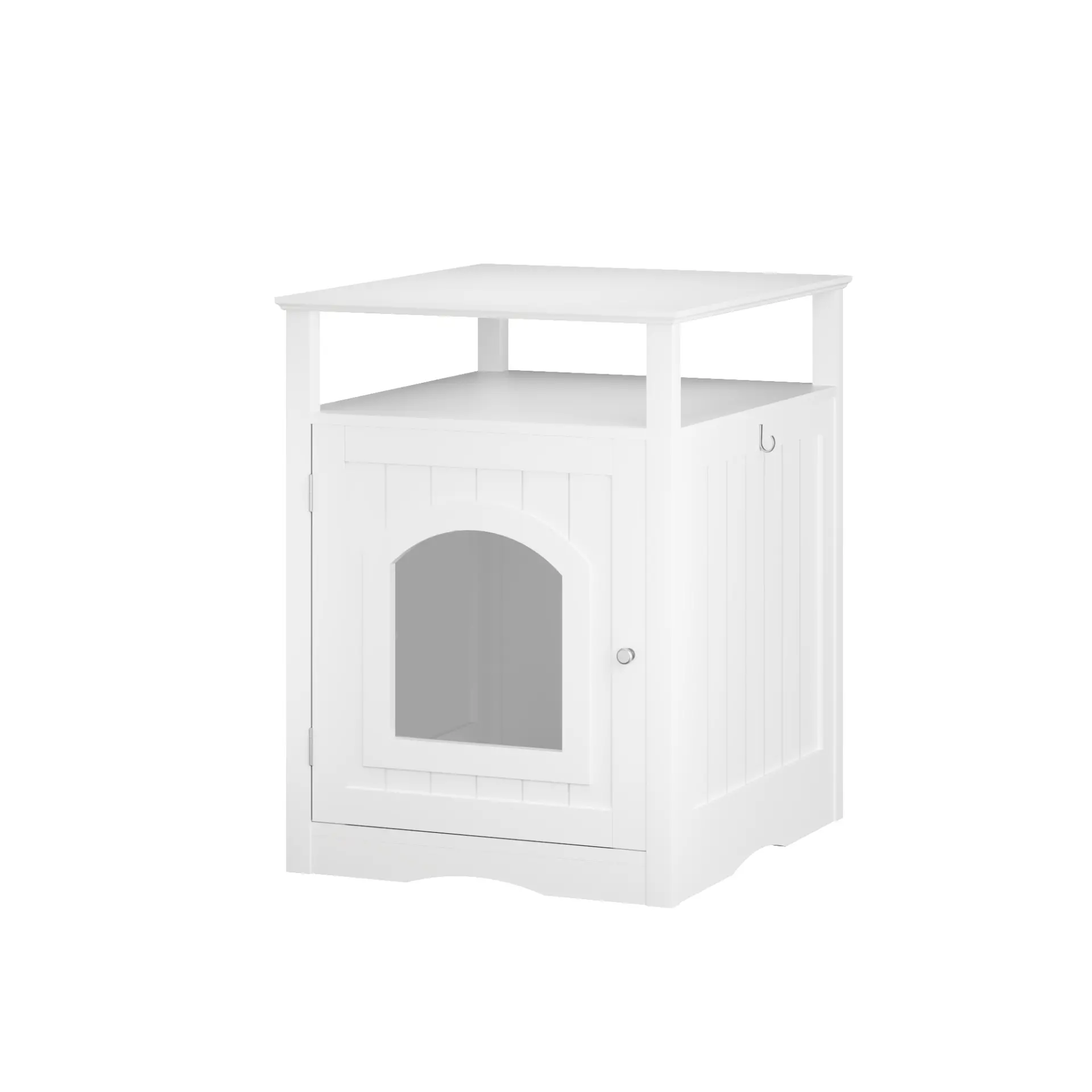 Modern Cat Litter Box Enclosure Furniture White Wooden Hidden Cat House Cabinet with Storage Shelf & Side Hook, Indoor Cat Condo Side Table
