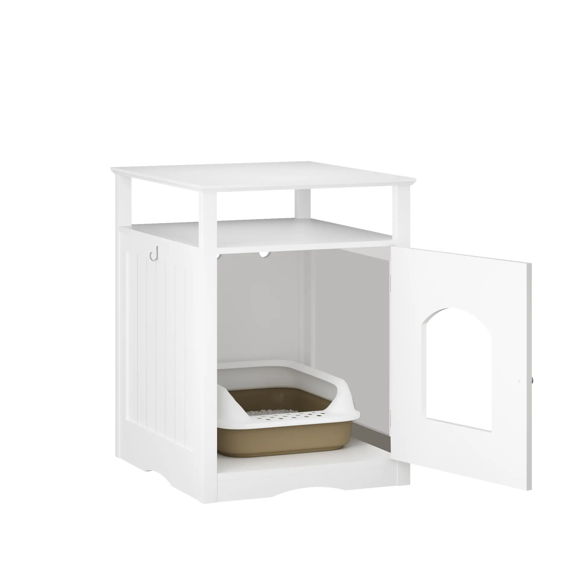 Modern Cat Litter Box Enclosure Furniture White Wooden Hidden Cat House Cabinet with Storage Shelf & Side Hook, Indoor Cat Condo Side Table