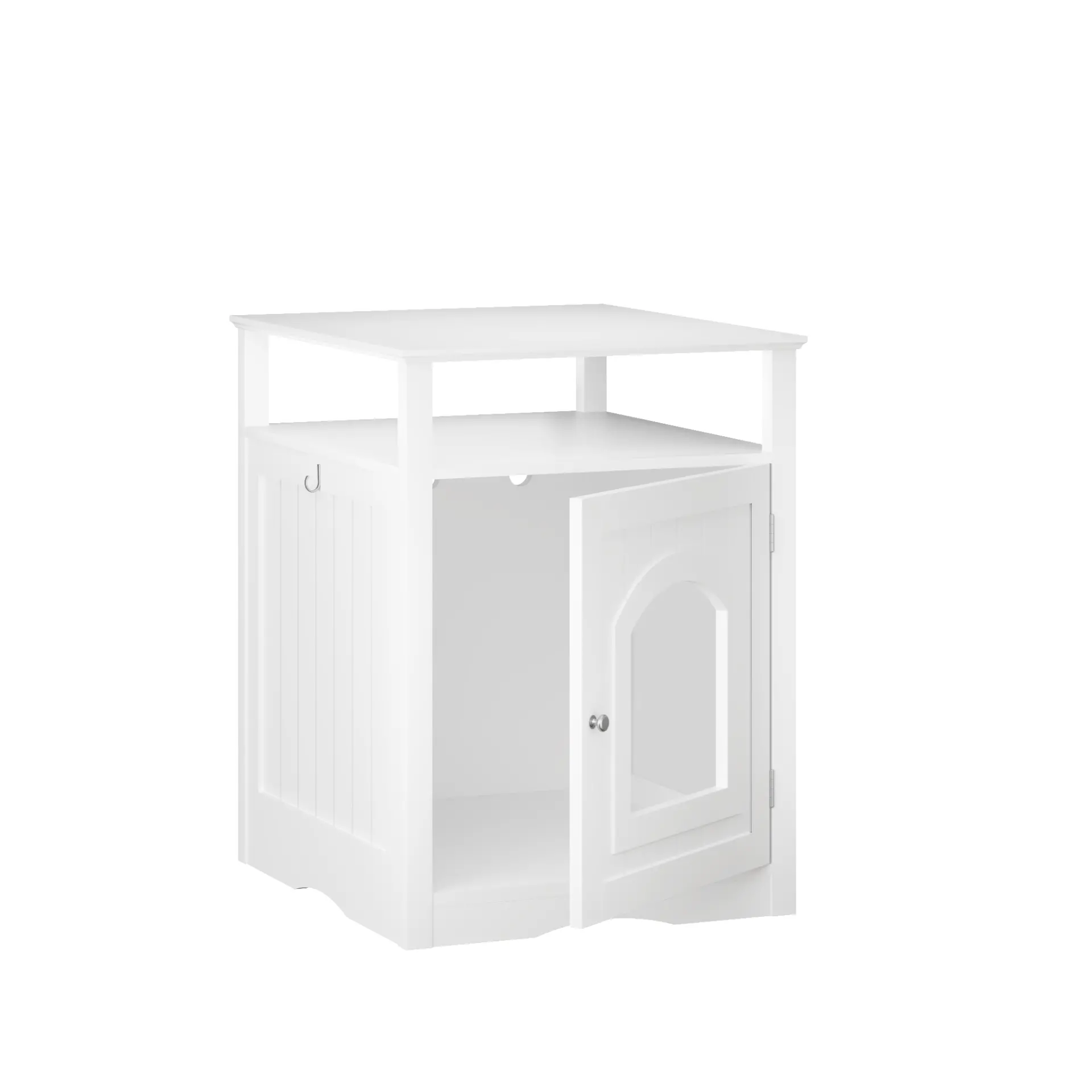 Modern Cat Litter Box Enclosure Furniture White Wooden Hidden Cat House Cabinet with Storage Shelf & Side Hook, Indoor Cat Condo Side Table