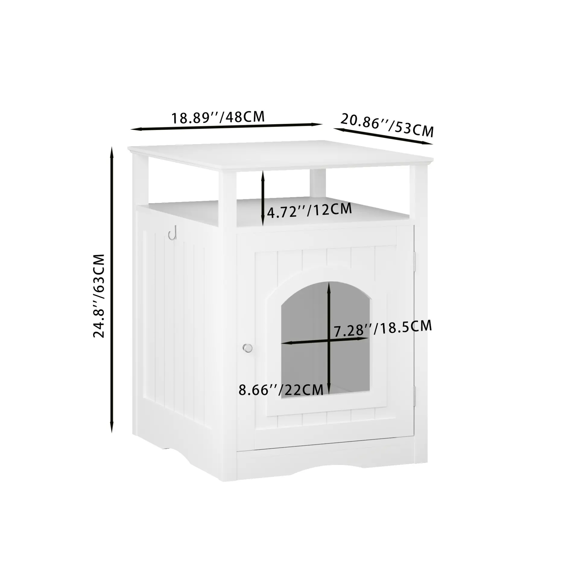 Modern Cat Litter Box Enclosure Furniture White Wooden Hidden Cat House Cabinet with Storage Shelf & Side Hook, Indoor Cat Condo Side Table