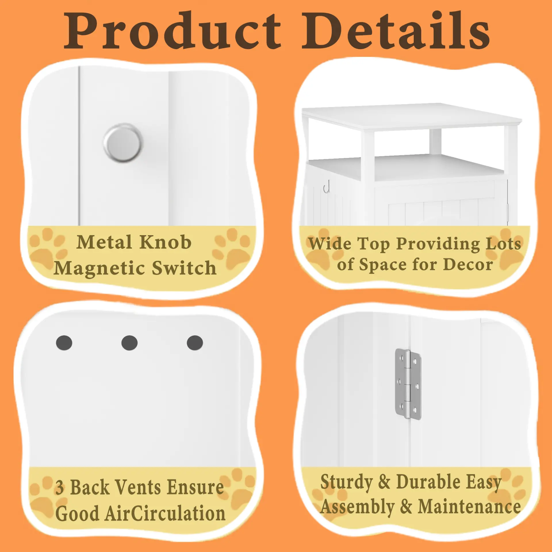 Modern Cat Litter Box Enclosure Furniture White Wooden Hidden Cat House Cabinet with Storage Shelf & Side Hook, Indoor Cat Condo Side Table