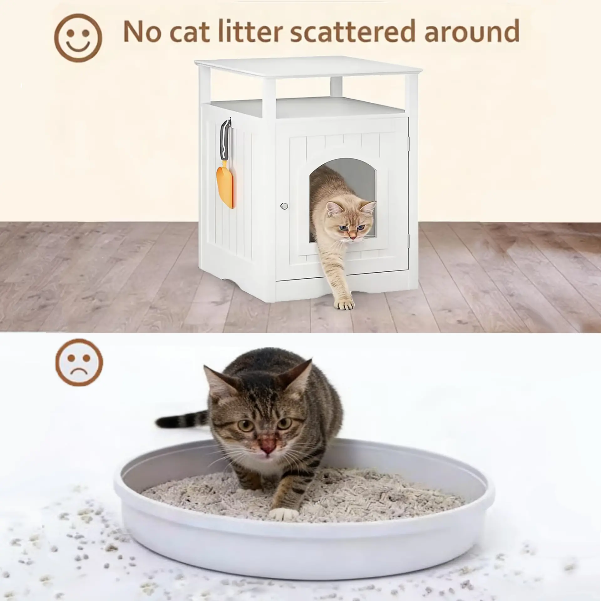 Modern Cat Litter Box Enclosure Furniture White Wooden Hidden Cat House Cabinet with Storage Shelf & Side Hook, Indoor Cat Condo Side Table
