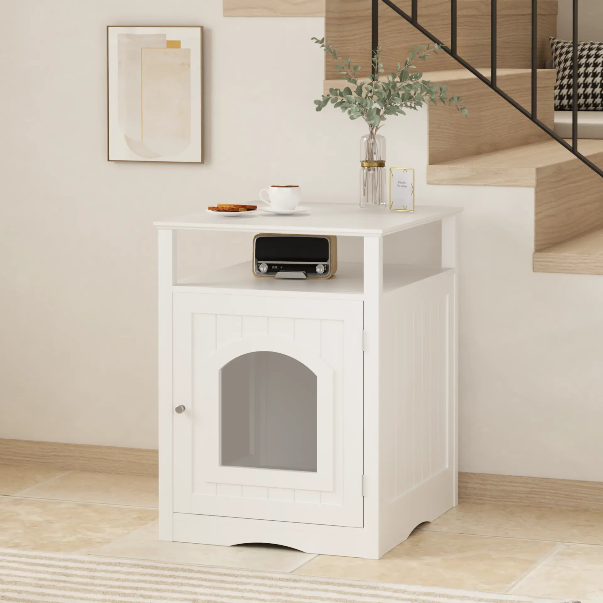 Modern Cat Litter Box Enclosure Furniture White Wooden Hidden Cat House Cabinet with Storage Shelf & Side Hook, Indoor Cat Condo Side Table