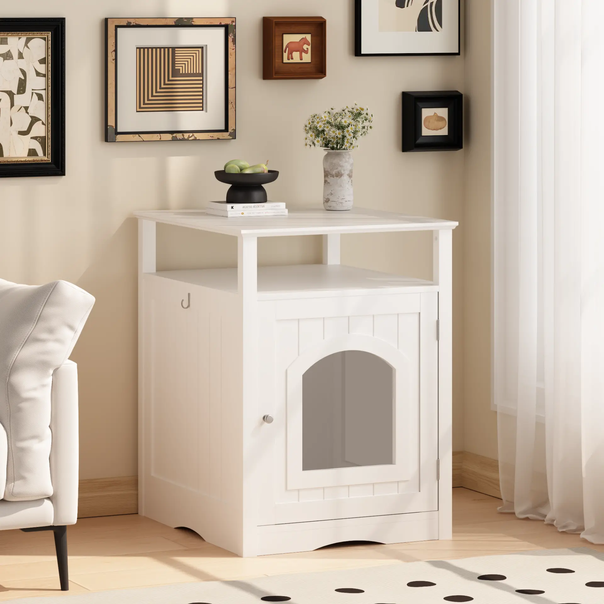 Modern Cat Litter Box Enclosure Furniture White Wooden Hidden Cat House Cabinet with Storage Shelf & Side Hook, Indoor Cat Condo Side Table