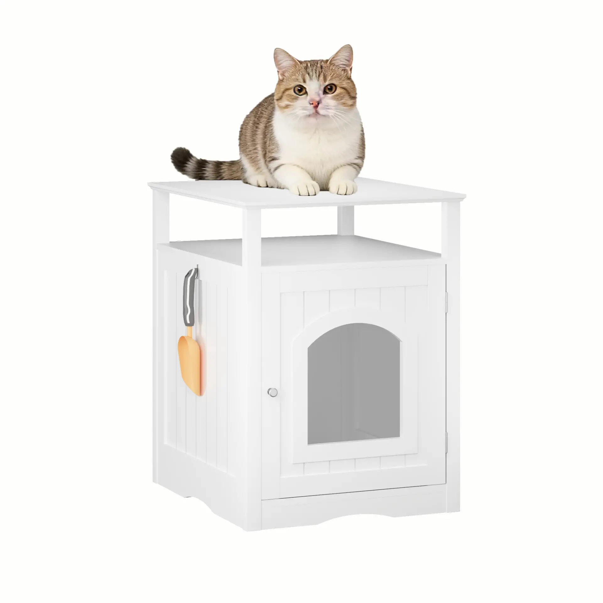 Modern Cat Litter Box Enclosure Furniture White Wooden Hidden Cat House Cabinet with Storage Shelf & Side Hook, Indoor Cat Condo Side Table