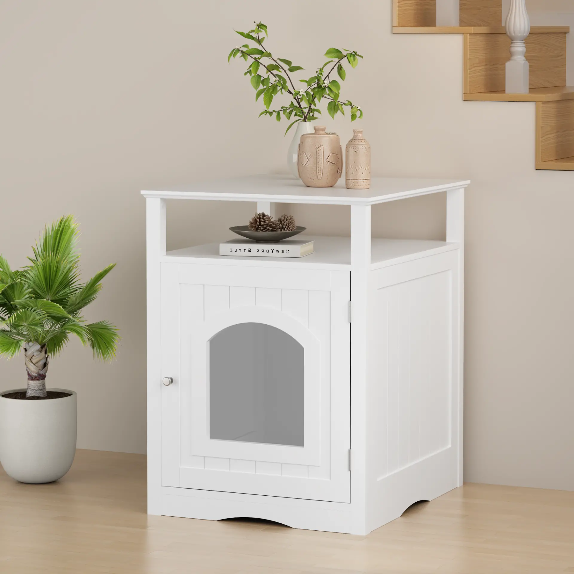 Modern Cat Litter Box Enclosure Furniture White Wooden Hidden Cat House Cabinet with Storage Shelf & Side Hook, Indoor Cat Condo Side Table