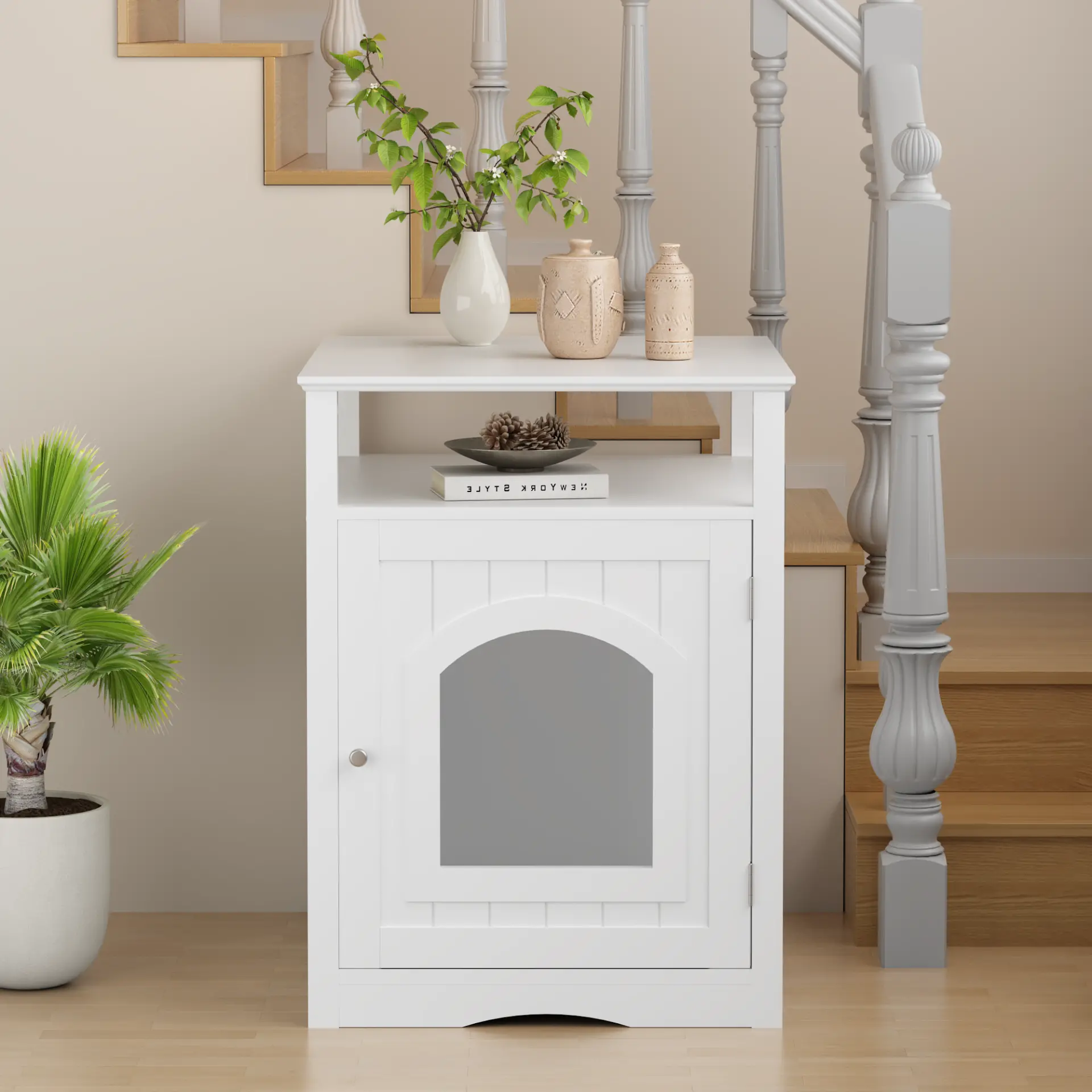 Modern Cat Litter Box Enclosure Furniture White Wooden Hidden Cat House Cabinet with Storage Shelf & Side Hook, Indoor Cat Condo Side Table