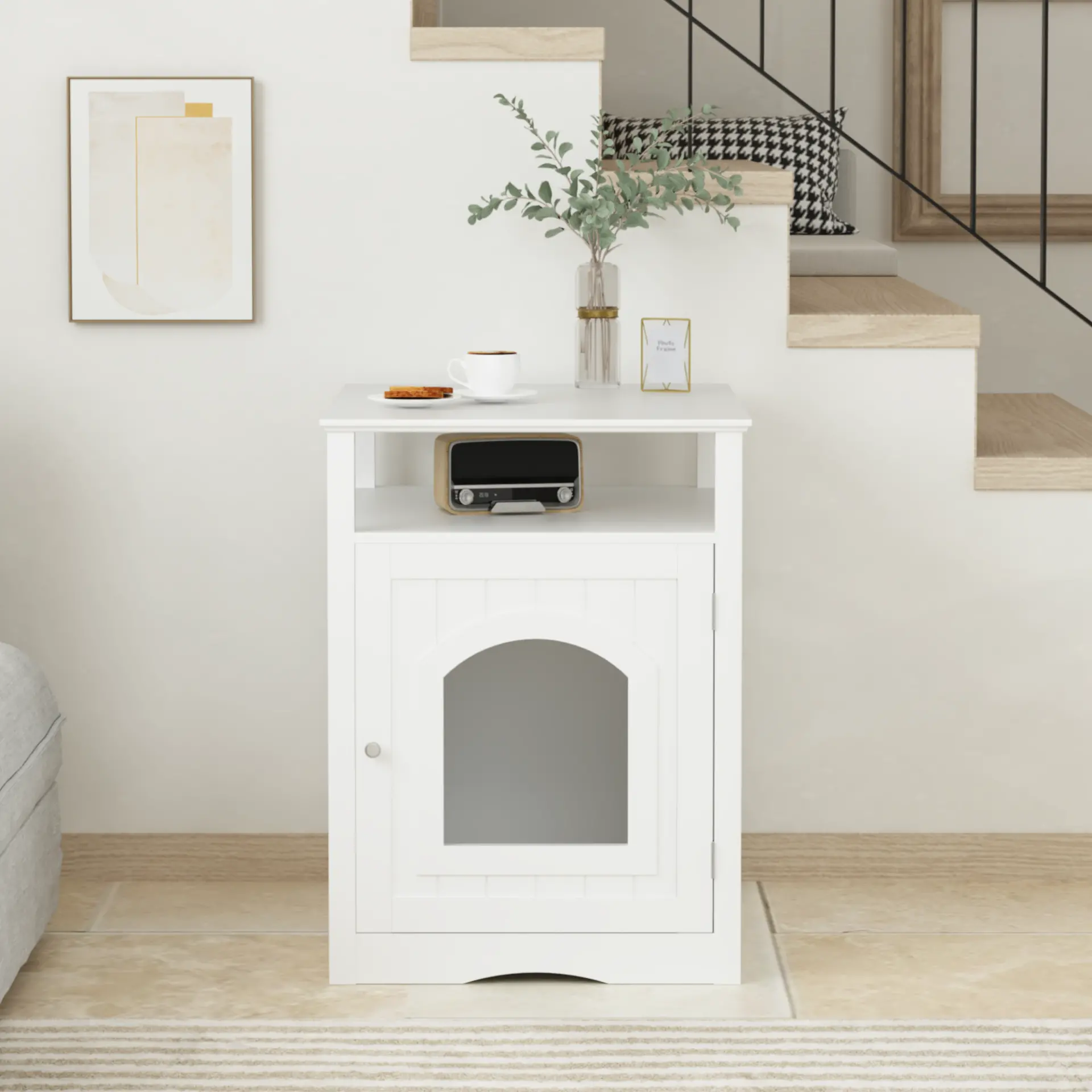 Modern Cat Litter Box Enclosure Furniture White Wooden Hidden Cat House Cabinet with Storage Shelf & Side Hook, Indoor Cat Condo Side Table
