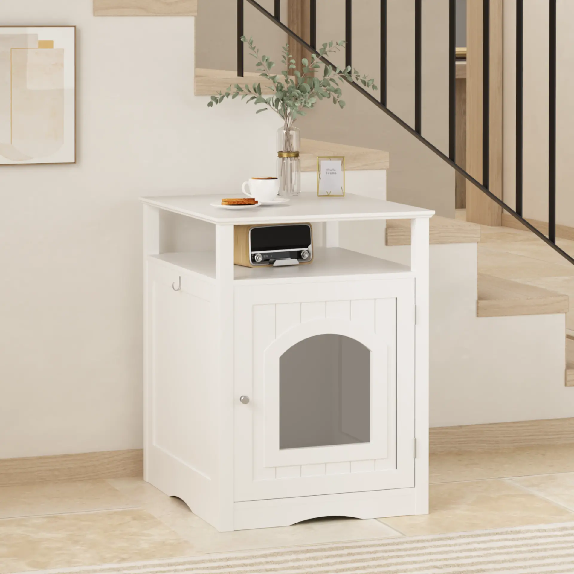 Modern Cat Litter Box Enclosure Furniture White Wooden Hidden Cat House Cabinet with Storage Shelf & Side Hook, Indoor Cat Condo Side Table