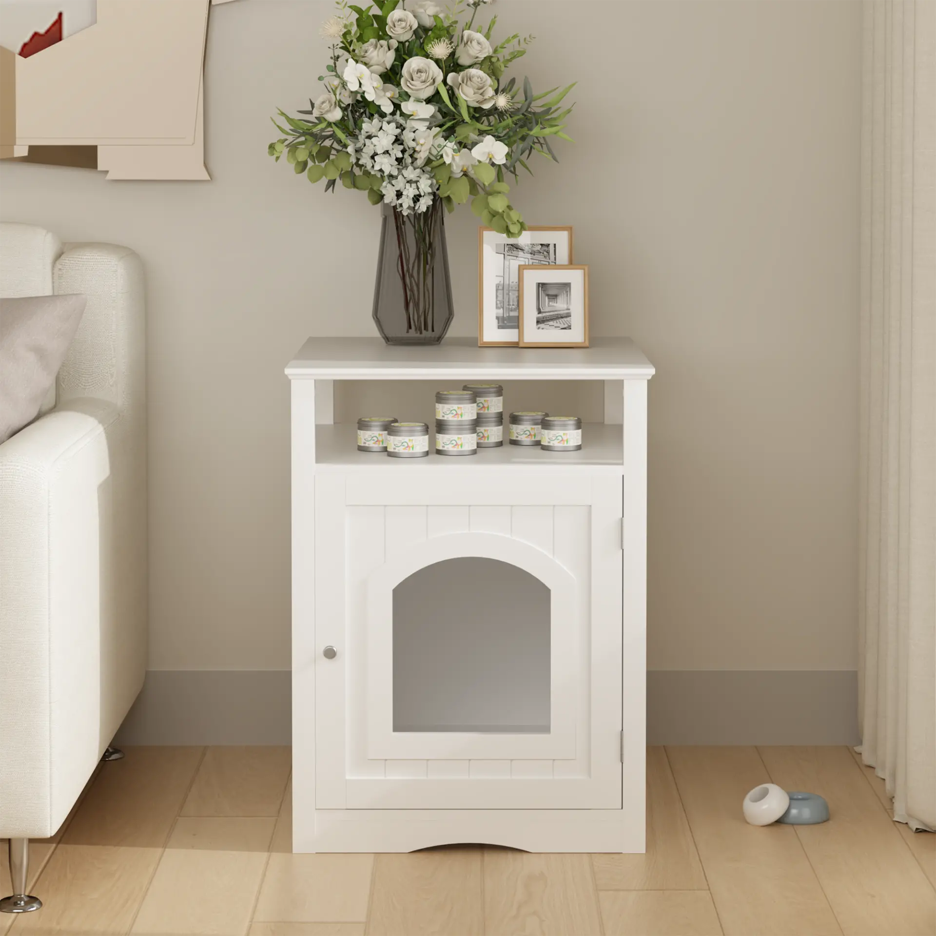 Modern Cat Litter Box Enclosure Furniture White Wooden Hidden Cat House Cabinet with Storage Shelf & Side Hook, Indoor Cat Condo Side Table