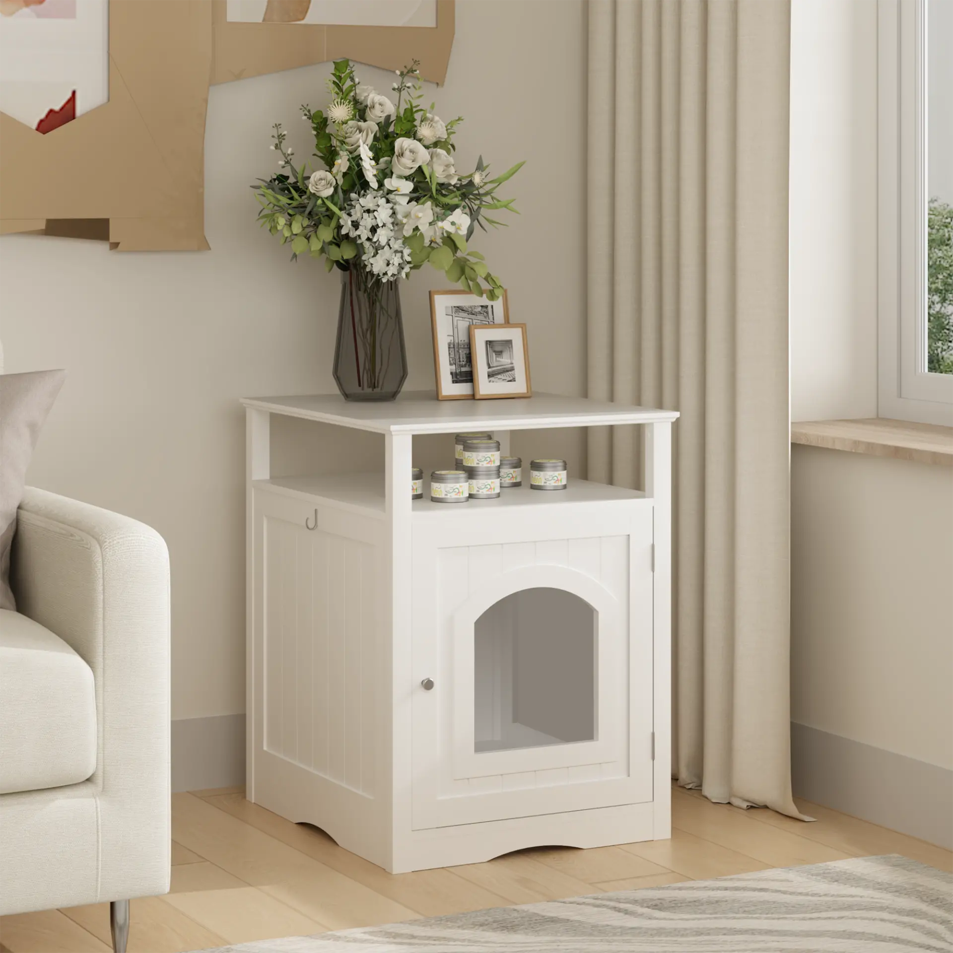 Modern Cat Litter Box Enclosure Furniture White Wooden Hidden Cat House Cabinet with Storage Shelf & Side Hook, Indoor Cat Condo Side Table