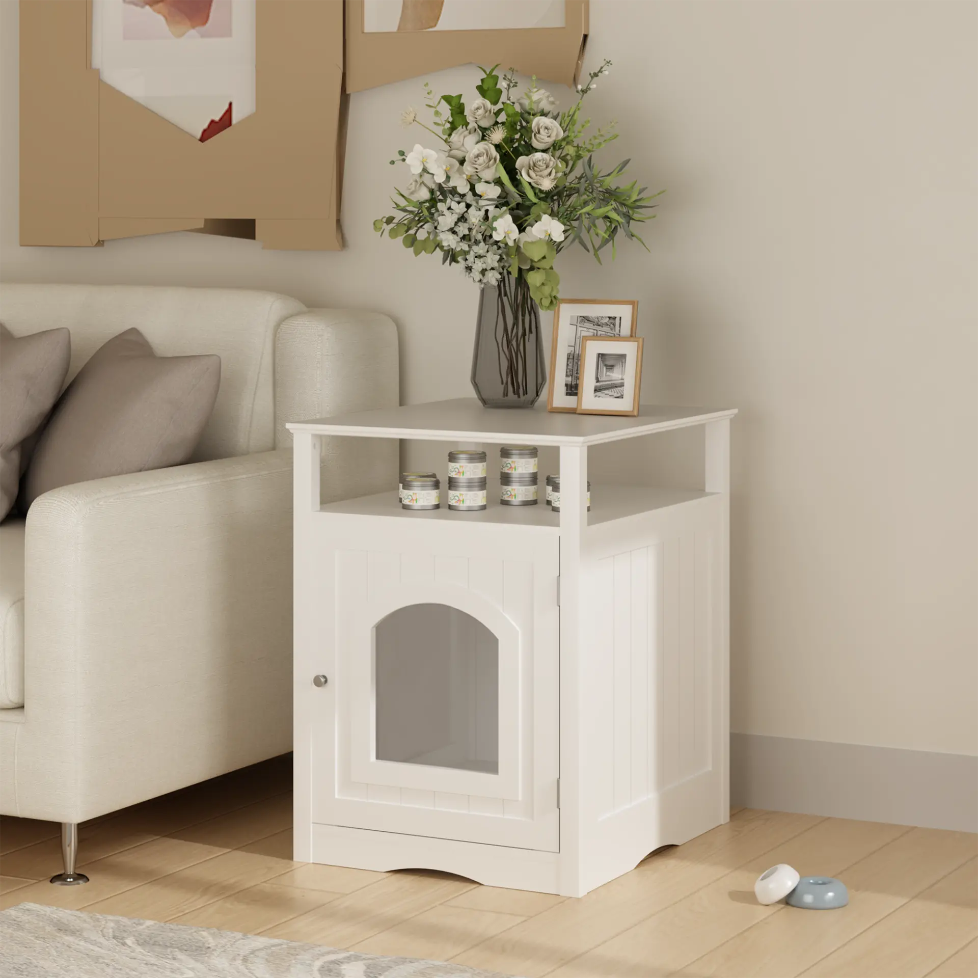Modern Cat Litter Box Enclosure Furniture White Wooden Hidden Cat House Cabinet with Storage Shelf & Side Hook, Indoor Cat Condo Side Table