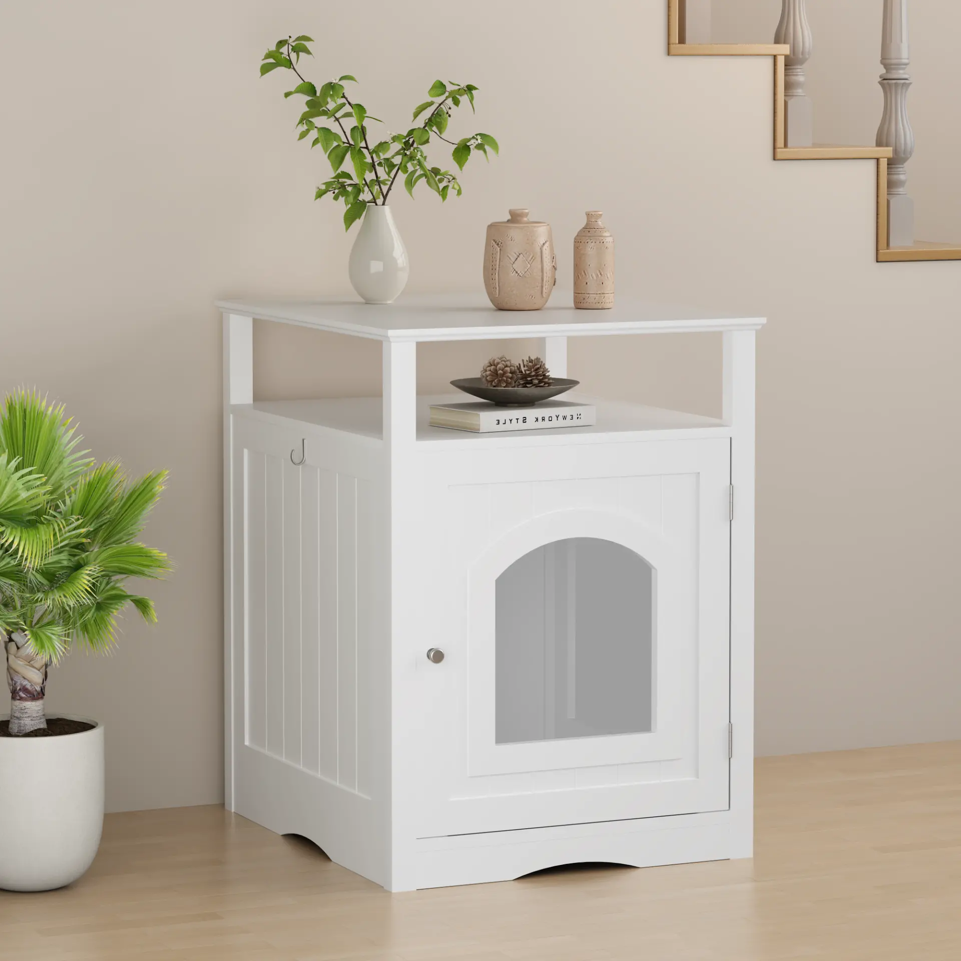 Modern Cat Litter Box Enclosure Furniture White Wooden Hidden Cat House Cabinet with Storage Shelf & Side Hook, Indoor Cat Condo Side Table